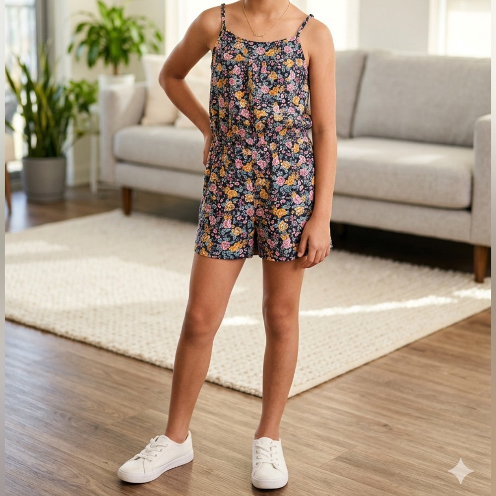 Old Navy Floral Kids One Piece Romper Black, Pink, Yellow, Large (10-12)
